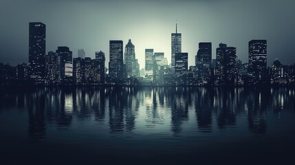 Fototapeta premium Silhouette of a city skyline reflected on water at night.