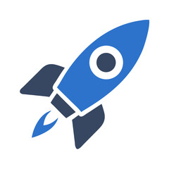 Blue rocket icon with downward motion and flames
