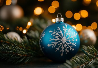 Blue Christmas Ornament with Snowflake Design and Christmas Lights