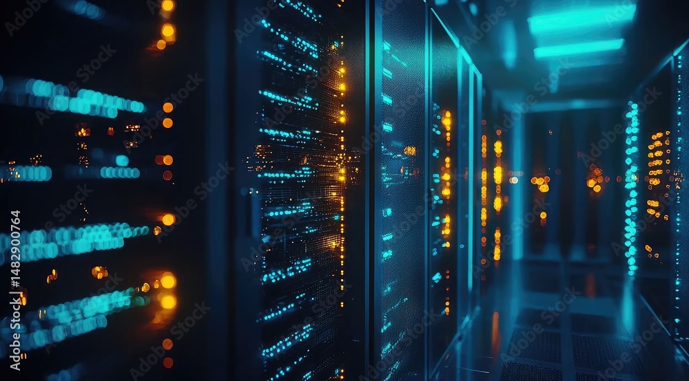 Poster modern data center interior with illuminated server racks glowing in blue and orange lights, ideal f