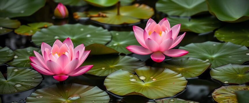 Pink lotus blossoms, water droplets on lily pads, serene pond scene, harmony, serene