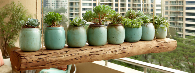 Fototapeta premium bright and vibrant indoor diy garden photograph of a vertical garden made from repurposed mason jars filled with succulents and hung on a wooden plank on a balcony,