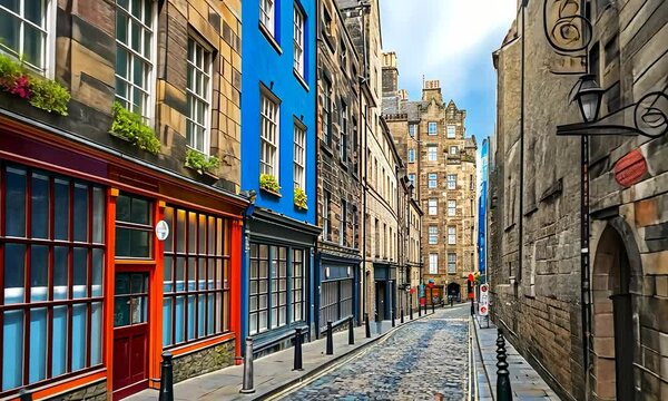 Old historical street in Edinburgh with shops on ground floor