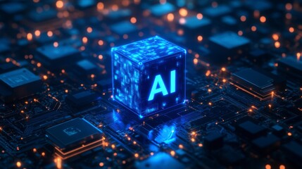 Futuristic AI Concept with Glowing Cube on Circuit Board Background