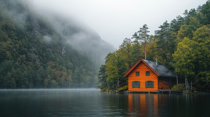 Fototapeta premium Misty autumn cabin on a serene lake nestled in a valley