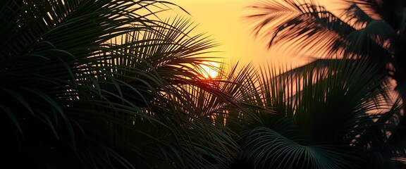 Pastel sunset hues bathe lush green palm leaves, creating a vintage tropical scene,   nature,  retro