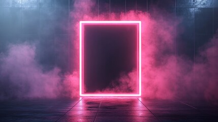 Super realistic modern nightclub flyer background, matte black tile wall and floor, central neon pink glowing frame, soft red neon light reflection, clean geometric design, suitable for text coverage