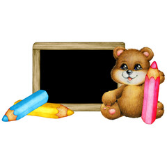 illustration of teddy bear with blackboard and pencils