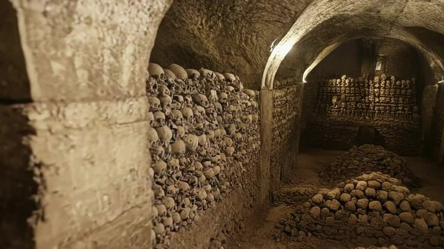 Ancient catacomb with stacked human skulls and bones in a dimly lit underground chamber.