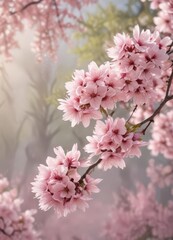 Obraz premium Soft pink sakura petals in gentle descent against a blurred backdrop of a blossoming sakura tree , calm, petals, flower