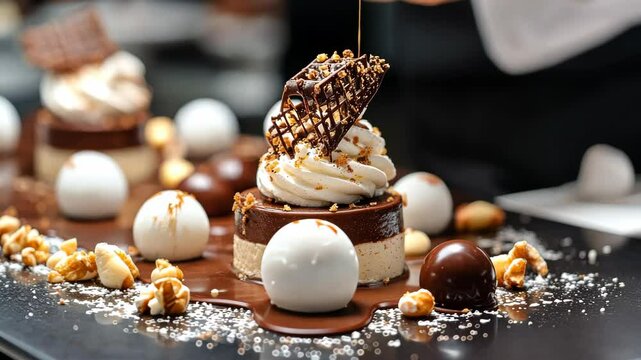 Decadent dessert creation with chocolate drizzle and caramel garnish