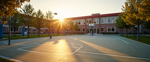 A schoolyard featuring a basketball court and school building in warm evening light, playground area concept, empty space on left for text, vibrant and inviting.