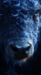 Fototapeta premium Close-up of a blue-hued bull with striking features illuminated by soft light at night in a natural setting