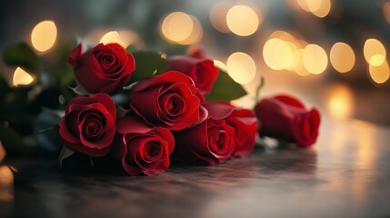 Vibrant Red Roses on Wooden Table with Blurred Lights Background