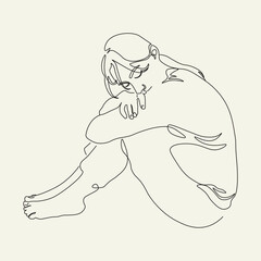 Sad Woman Sitting in Depression – One Line Minimalist Vector Drawing.