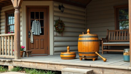 Rustic wooden porch with a butter churn, bench, and hanging wreath, creating a cozy, country home atmosphere.