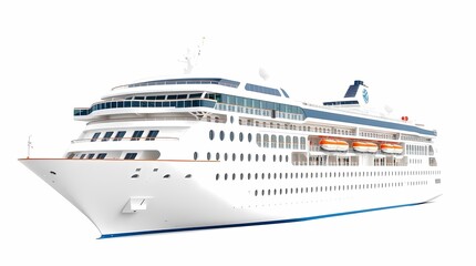 A large white cruise ship with multiple decks and lifeboats, isolated on a white background