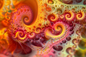 A vibrant fractal design featuring swirling patterns with warm colors and intricate details in a close up view