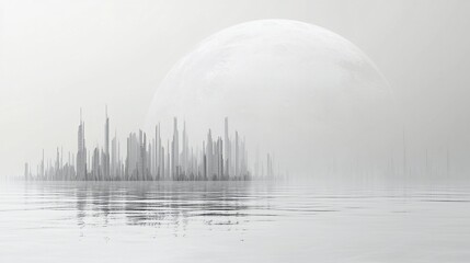 Naklejka premium Monochromatic serenity: A city reflecting beneath a celestial orb in ethereal light