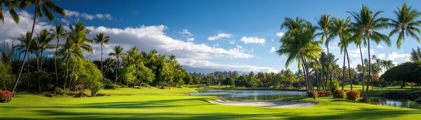 A lush golf course with palm trees, a pond, and a bright blue sky, surrounded by tropical greenery and distant mountains.