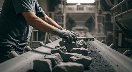 Rock on conveyor belt being cleaned by worker