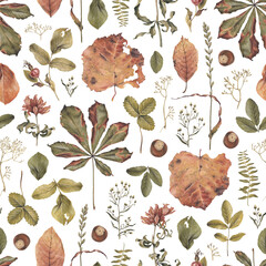 Elegant hand drawn pattern design with illustrations of dried herbs, leaves and flowers. Perfect for home textile, wallpapers, fabrics, apparel, packaging design, stationery and other printed goods