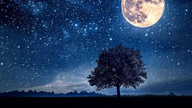 Enchanting night sky: moonlit tree and stars evolving across twilight