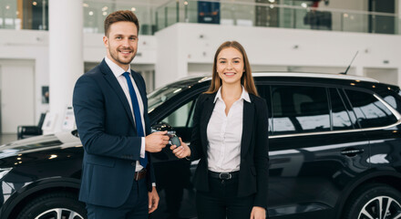 Car purchase celebration new owner receives keys at dealership professional atmosphere engaging environment close-up perspective