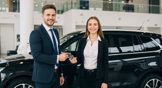 Car purchase celebration new owner receives keys at dealership professional atmosphere engaging environment close-up perspective