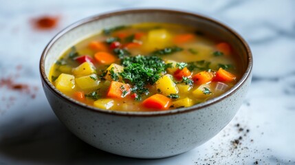 Fresh Vegetable Soup in Bowl with Garnish on Marble Surface