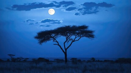 A large, bright full moon dominates the sky against a backdrop of dark, swirling clouds.