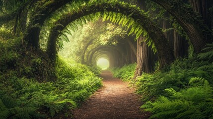 A serene forest pathway winds through towering redwood trees, illuminated by soft sunlight filtering through the leaves.