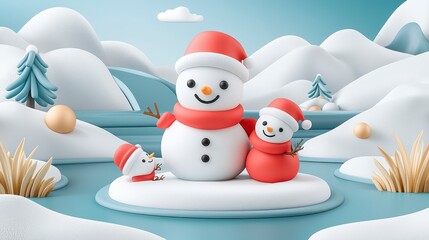 Three Cheerful Snowmen in a Whimsical Winter Scene