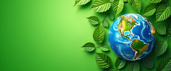 Leaf and Earth border frame with green copy space for Earth Day concept as Vibrant green leaves encircling Earth globe framing green space for Earth Day messages in  Photo Stock  Concept  and empty sp