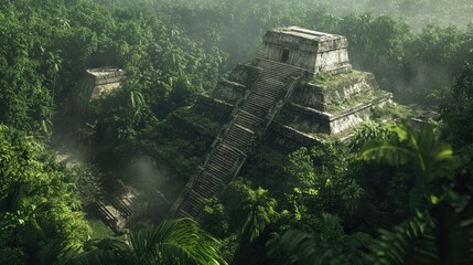 An aerial view of an ancient pyramid surrounded by dense tropical vegetation.