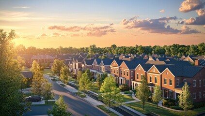 Suburban homes at sunset, nestled amongst lush greenery.  Rows of charming brick houses line a quiet street, bathed in golden light