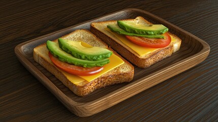 Two slices of toasted bread topped with slices of avocado and halved cherry tomatoes, garnished with small green shoots, presented on a wooden platter.