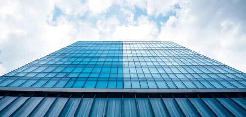 Fototapeta premium Modern building rooftop, blue & white glass facade, geometric lines, cloudy sky, low angle, skyscraper, glass panel
