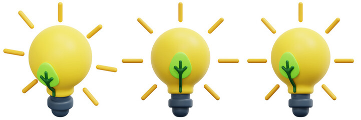 Set of Yellow Lightbulbs with Green Leaves and Rays 3d Render Icon Illustration