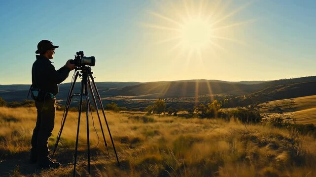 Silhouette of a cameraman filming a scenic sunset landscape in the countryside