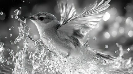 Bird taking flight through water splashes