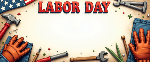 Photo Realistic Work Gloves and Tools Border Design for Labor Day Tribute - Celebrate Workers with Customizable Invitations and Announcements in Warm Colors