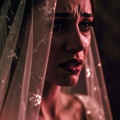 Crying bride with veil in emotional portrait