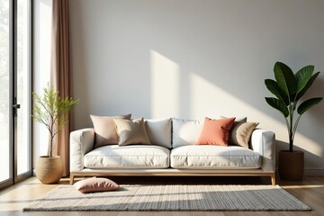 Cozy living room with stylish throw pillows and modern decor, natural light , vintage, pillows