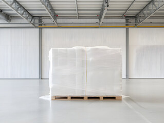 Wrapped pallet in clean warehouse with white plastic film covering goods on wooden pallet, showcasing organized storage and industrial environment