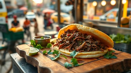 Venezuelan arepa with shredded beef at a Caracas food cart