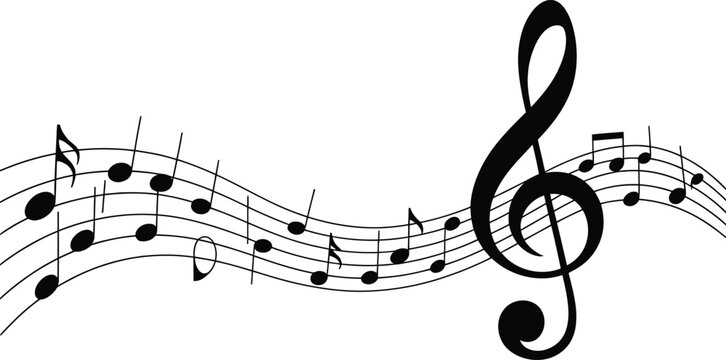 Illustration of a treble clef and musical notes on a staff in black and white design style art