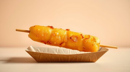 Filipino banana cue served on a wooden skewer in a small paper tray