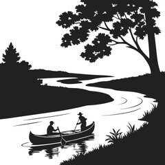Silhouette of two people canoeing on a river under a tree nature illustration