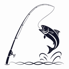 Fishing themed graphic silhouette showing a jumping fish hooked to a fishing rod on white background